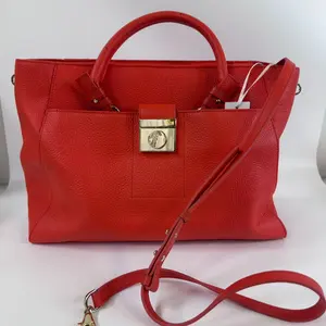 Pre-owned VERSACE leather Tote Bags Coral Red Pebbled Large Tote Bag