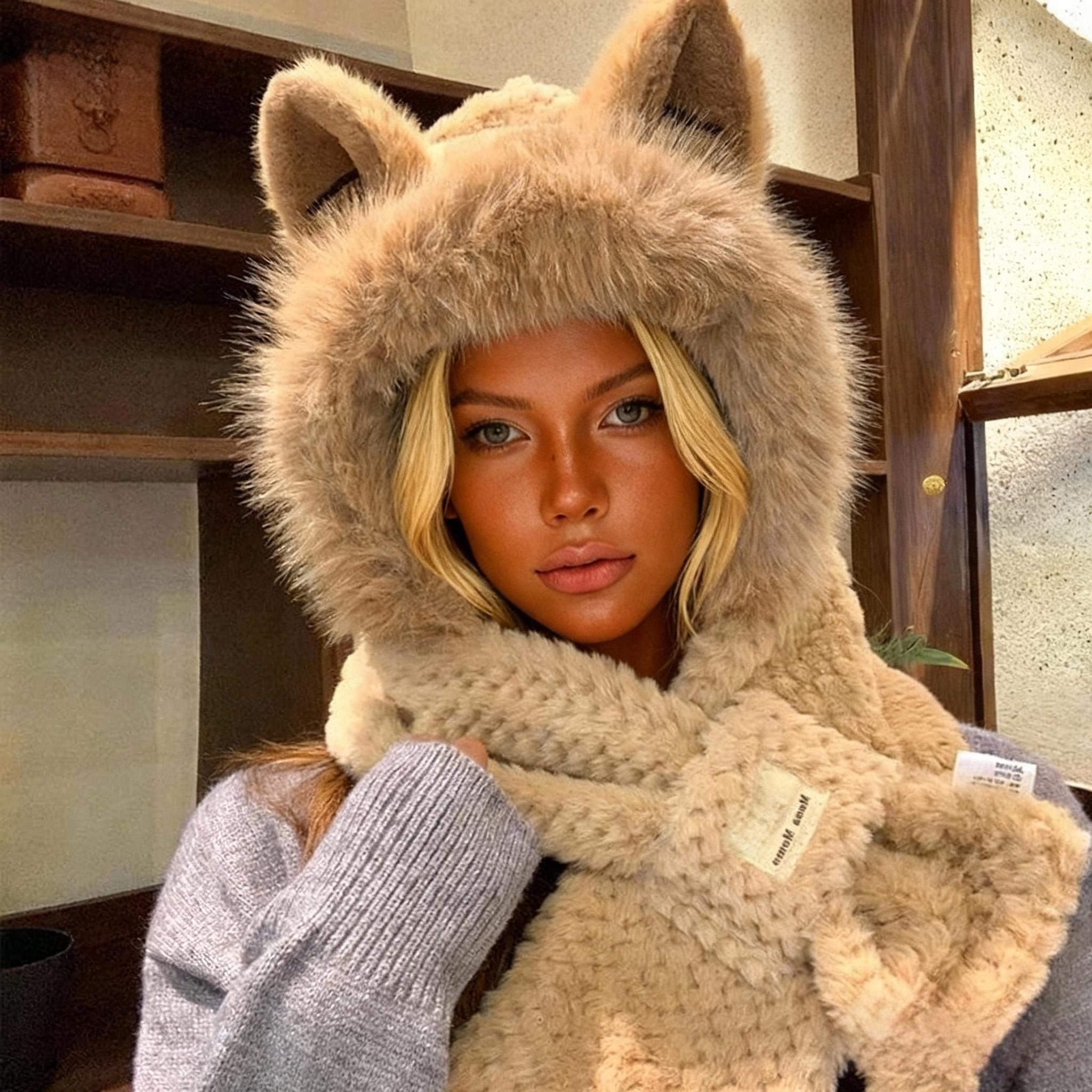 A winter warm hooded scarf with cartoon animal ears, plush knitted neck scarf, elastic moisture-wicking hood, cute and thick gift for women - Hat Scarf