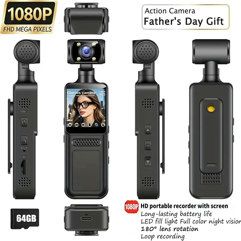 Compact Portable Handheld Wireless Vlogging Action Camera, HD FPV Video Camcorder with 180° Rotating Full-Body Adjustable Lens, Screen, 64GB Memory Card, USB Charging, Batteries - Ideal for Vlogging, Work, Recording - Cool Gadgets, Gifts for Him