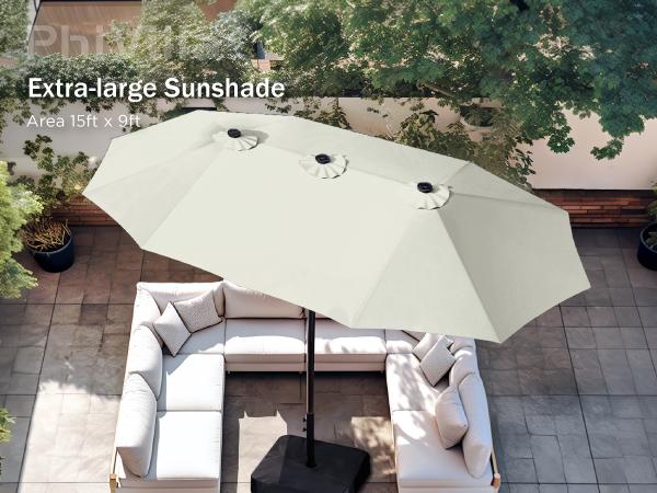[Base & Lights] PHI VILLA 15 ft Extra Large Patio Umbrella with 36 LED Lights, Metal Construction, Includes Base, Heavy Duty for Pool Garden Backyard Outdoor Modern Design