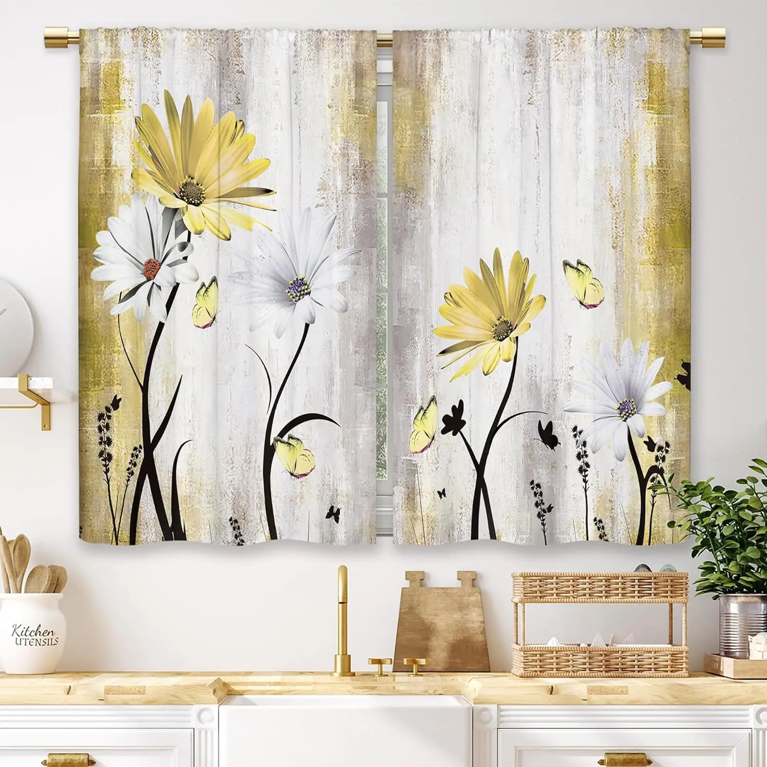 Rustic Farmhouse Yellow Daisy Kitchen Curtains Watercolor Floral Flower Small Short Cafe Window Curtains Butterfly Country Bathroom Drapes Treatment Tier Curtains 2 Panels (27.5x39 Inch)