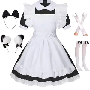 Women's Lolita French Maid Outfit Halloween Anime Costume with Apron Gloves Headband Socks 6 Pcs Set