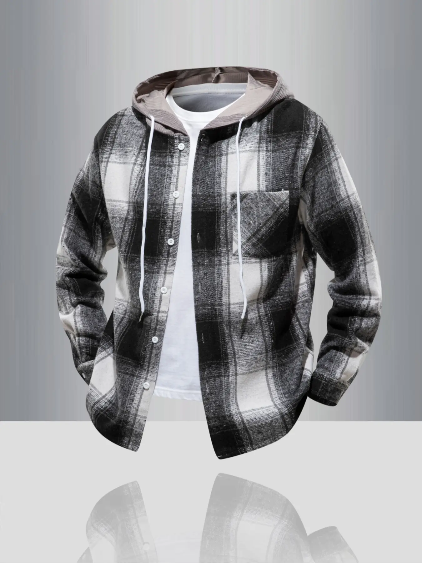Men's Plaid Patchwork Hooded Long Sleeve Shirt, Casual Design with Front Button Closure, Perfect for Daily Wear & Outdoor Activities
