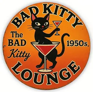 Vintage Bad Kitty Lounge Metal Wall Art - 7.8" Round Retro 1950s Black Cat & Martini Glass Sign, Mid-Century Modern Iron Decor for Home, Office, Bar, Cafe - Easy Mounting Hardware Included, No Electricity Needed, Durable 2D Flat Design