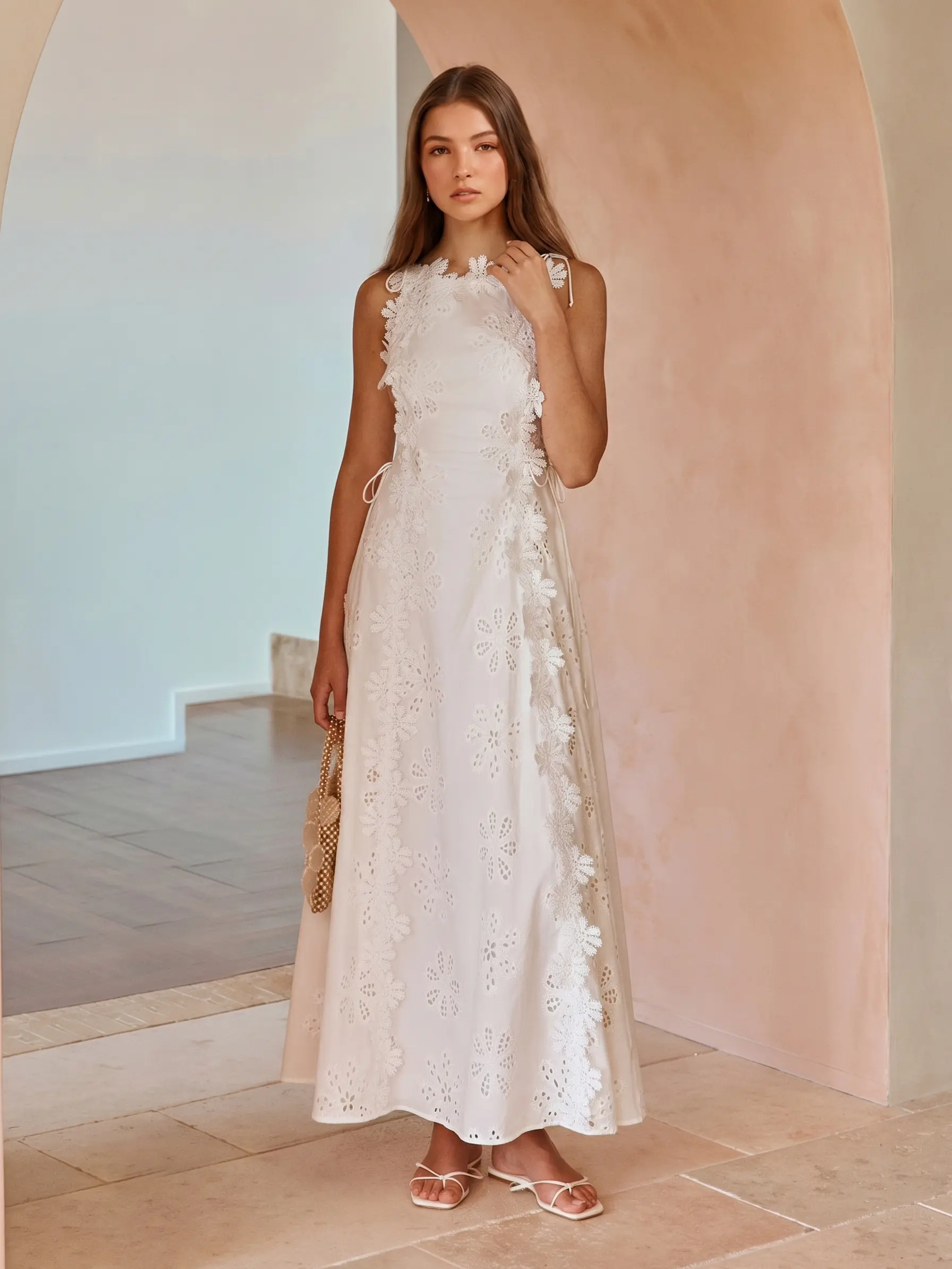 LIKEMYCHOICE 2026 Elegant Crochet Eyelet White Maxi Dress Halter Neck Sleeveless Bridal Shower Dress with 3D Floral Embroidery & Adjustable Straps - Beach, Fabric