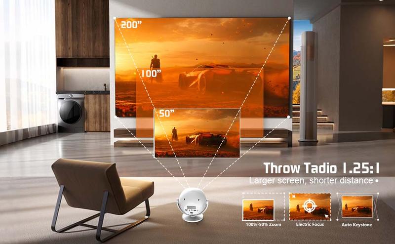 XBJ Portable Projector 360° Projection 2.4/5G WiFi 360° HDDual Band Wireless 6+ BT6.0 LED 200 Inch Screen Built-in Speaker 1080P Full HD Auto Keystone Electric Focus for HomeCinema Outdoor Use Great Gift