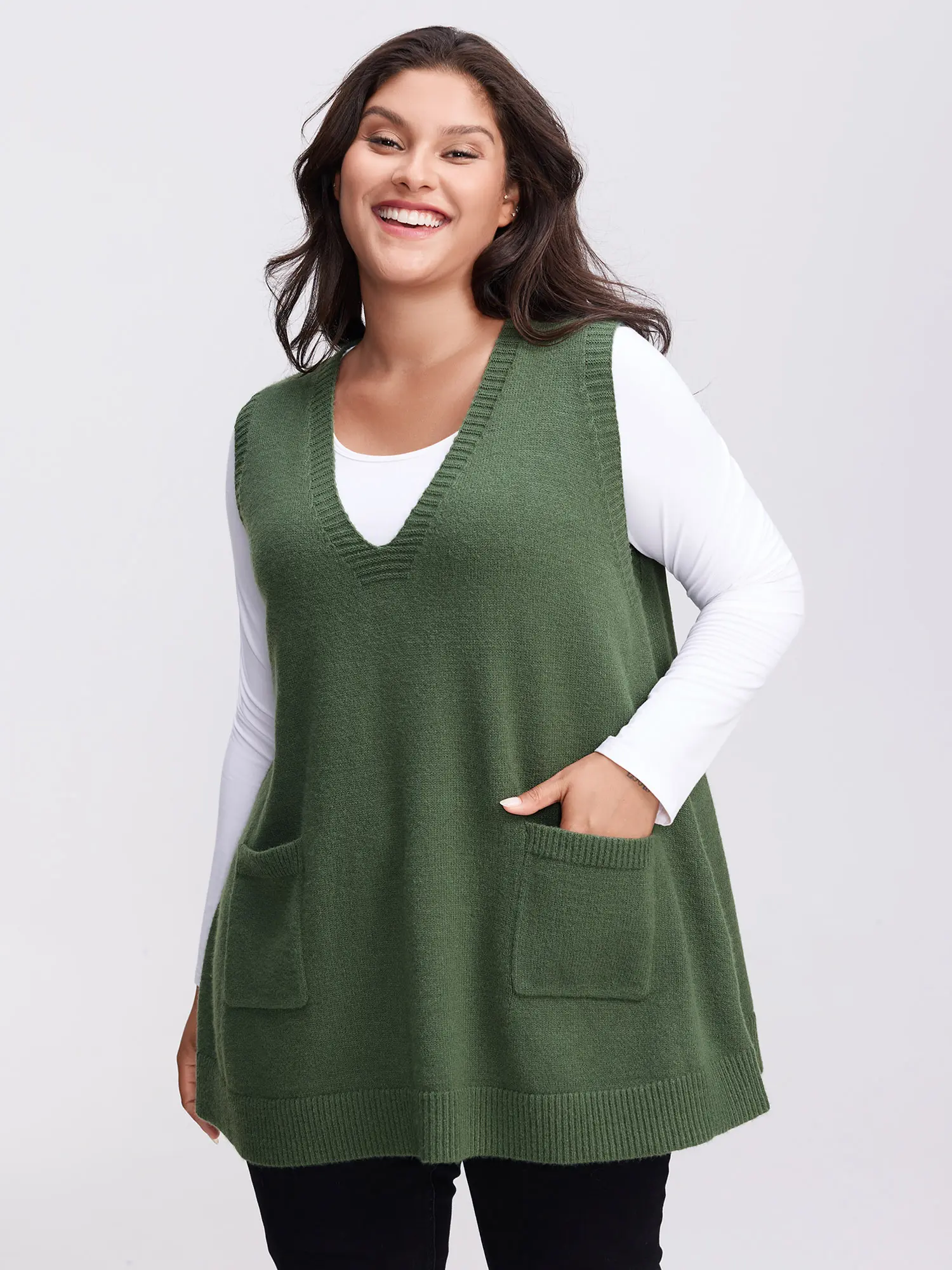 Women's Sleeveless V-Neck A-Line Rayon Fabric Pullover Vest Top - Army-Inspired, Comfy, Simple, Breathable, Basic Tunic Length Garment with Pockets, Low Iron, Plus Sizes, Flattering Fit, Polyester, Nylon, for Everyday Casual Leisure