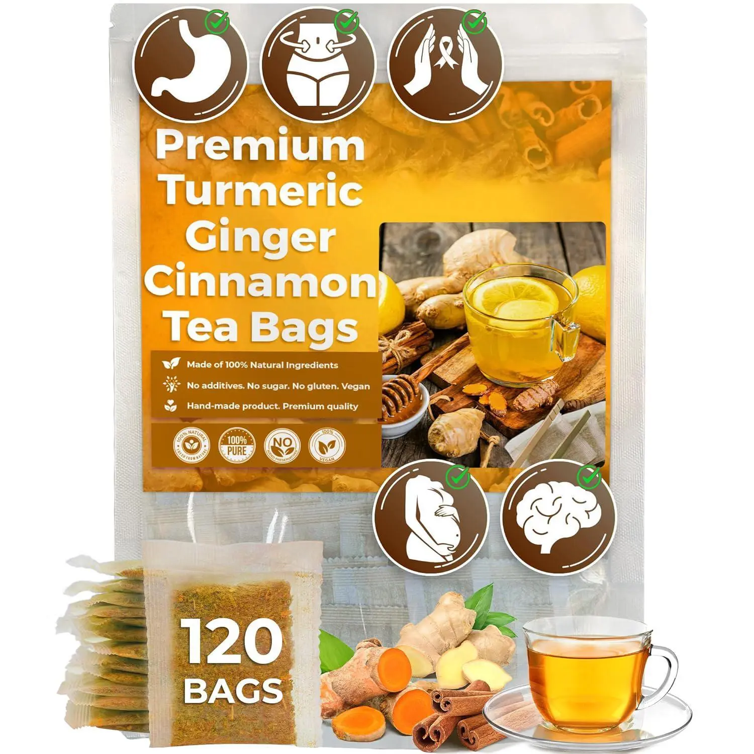 Turmeric Ginger Cinnamon Herbal Tea-Handmade Natural Blend,Caffeine-Free&Sugar-Free,Vegan,Smooth&Warming Flavor,Eco-Friendly Tea Bags