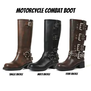 Womens Motorcycle Combat Boots Riding Boot Round Toe Chunky Block Heel Metal Buckle Design Easy Pull on Comfy Spring Summer Party Work Casual Outdoor Events Harness Fashion Rocky Dressy Shoes Brown Leather