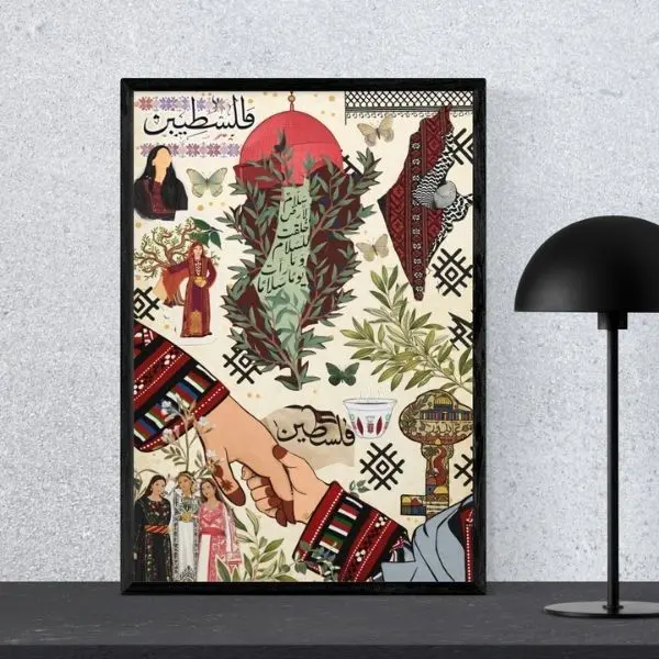 Palestine Cultural Collage Poster, Palestinian Heritage Wall Art, Keffiyeh Pattern Map, Dome of the Rock Art Print, Middle Eastern Aesthetic Decor