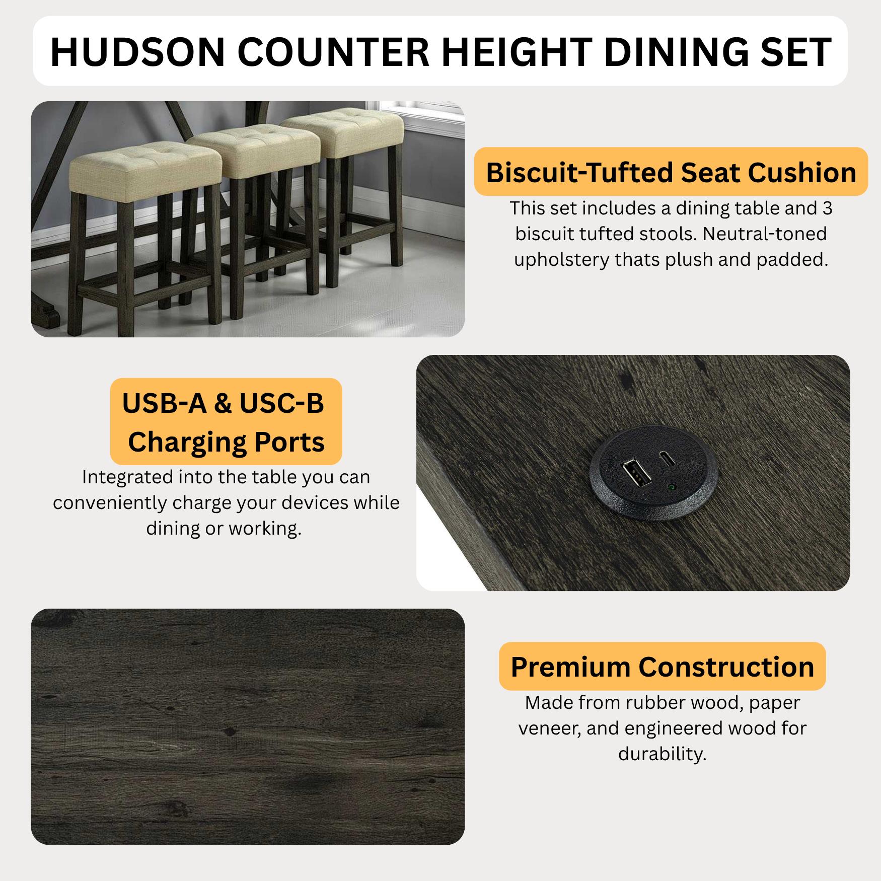 Hudson Counter-Height Dining Set with USB Charging & 3 Tufted Stools - 4 Piece Dining Room Set Hudson Counter-Height Dining Set with USB Charging & 3 Tufted Stools - 4 Piece Dining Room Set