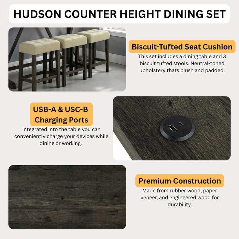 Hudson Counter-Height Dining Set with USB Charging & 3 Tufted Stools - 4 Piece Dining Room Set