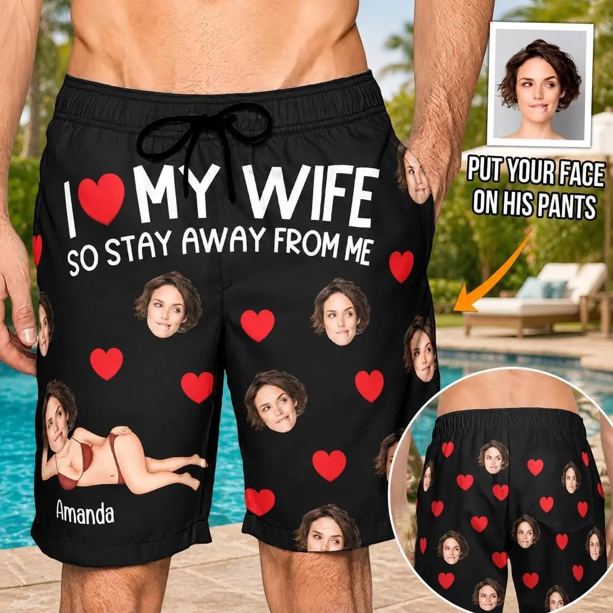 Custom I Love My Wife Swim Trunks, Personalized Face Photo Beach Shorts, Funny Men’s Summer Shorts