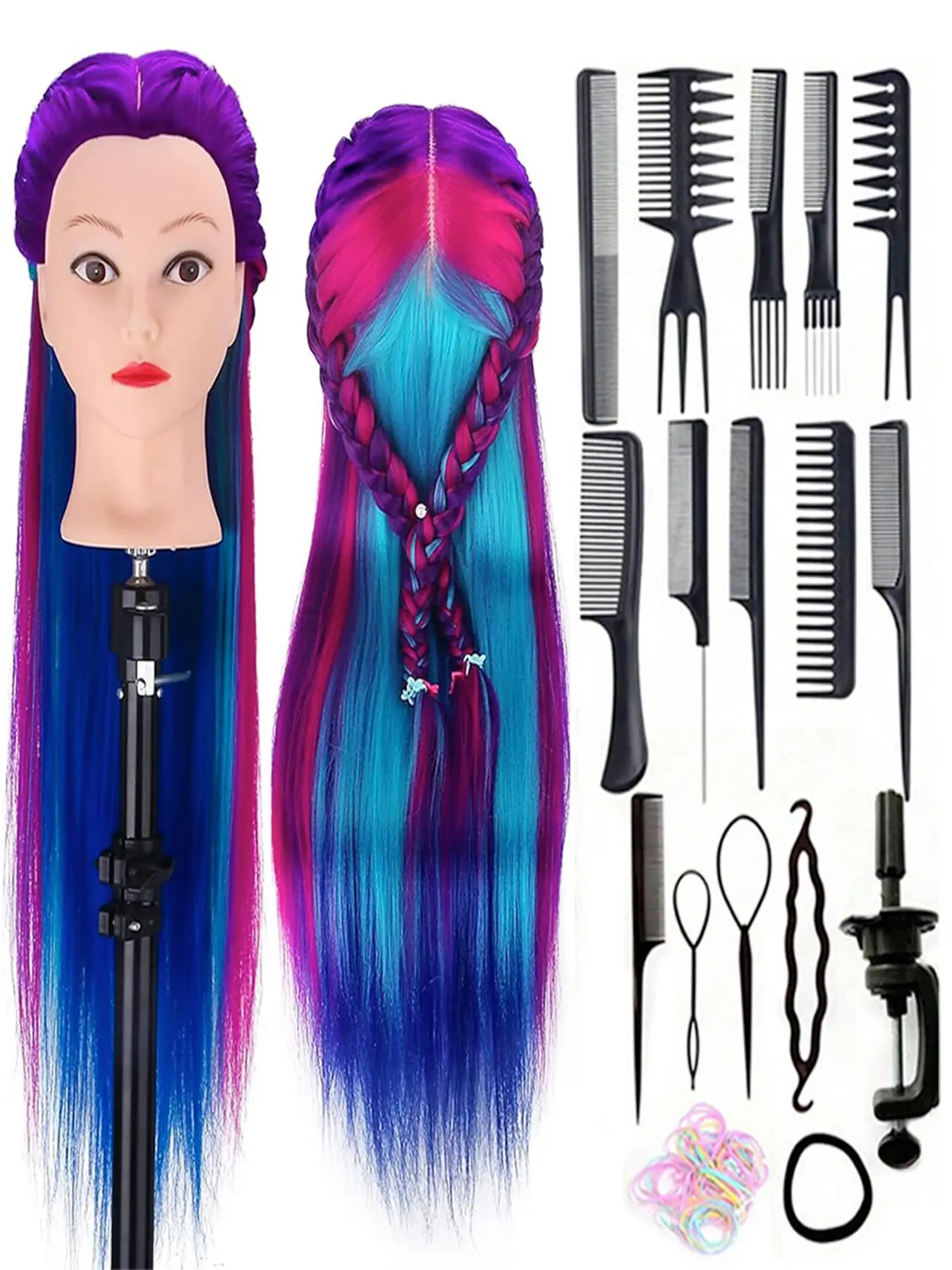 26-inch human head model with hair for hairstyle design training, head model practice, beauty doll head styling, hairdressing training, braiding headband, and braiding kit, Mannequin Head
