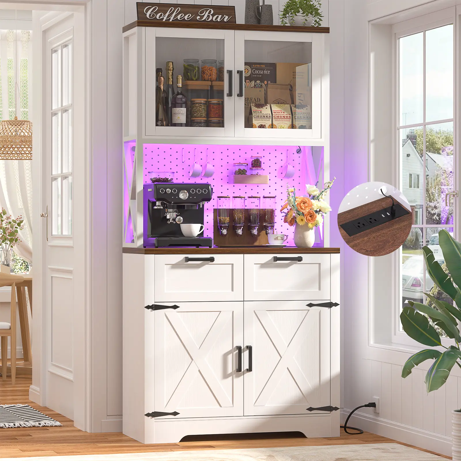 Cyclysio 71" Adjustable Freestanding Coffee Station Cabinet - Indoor Tall Functional Pullout Cupboard for Small Kitchen Organization, Microwave Stand, 4-Door Shelves, Wine Rack, LED Light, Power Outlet,dorm essentials,home decor