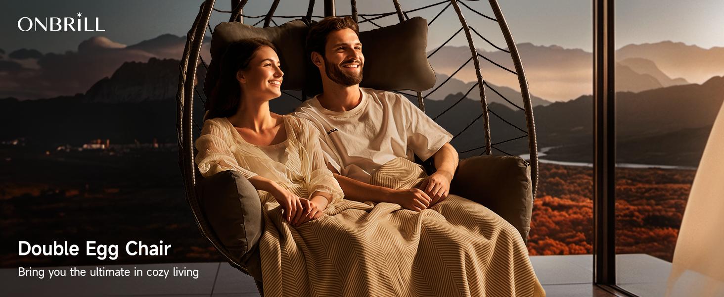 【SPOTLIGHT DAY】ONBRILL Double Egg Chair with Stand, Indoor Outdoor 2 Person Hammock Swing Chair with Cushions & Headrest, 650 LBS Capacity Hanging Loveseat for Patio, Bedroom, Garden, Balcony