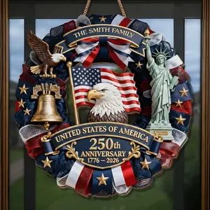 Personalized 250th USA Anniversary Wood Sign, Custom Family Name Patriotic Wreath, 1776-2026 Semiquincentennial Wall Art, Statue of Liberty & Liberty Bell Decor, American Eagle Door Hanger, Red White and Blue Independence Celebration