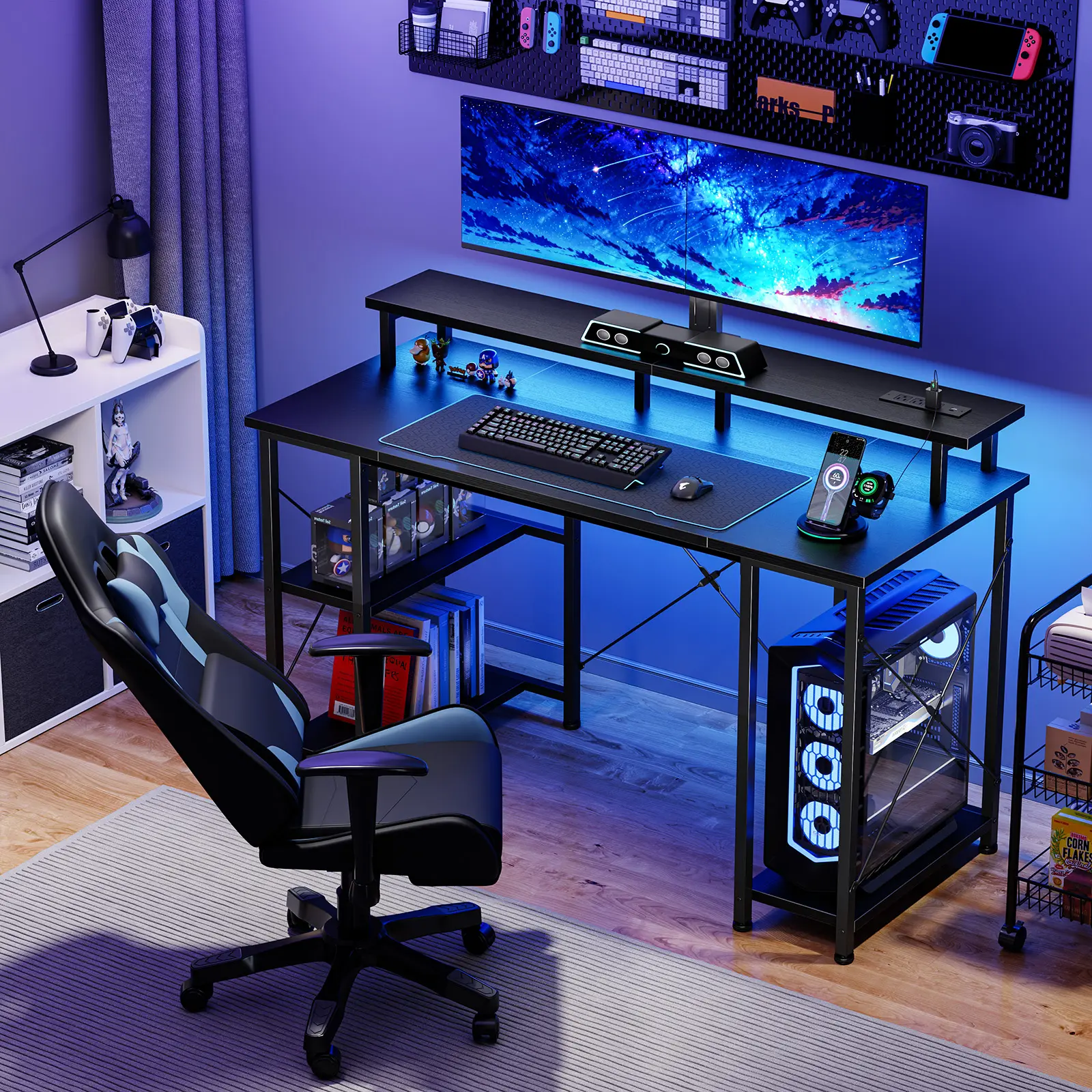 Sweetcrispy RGB Gaming Desk - Esports Computer Desk with Power Outlet, USB Ports, Full Monitor Stand, Reversible Layout Storage Shelves, Adjustable Feet & Steel Frame, Space-Saving PC Table for Small Spaces