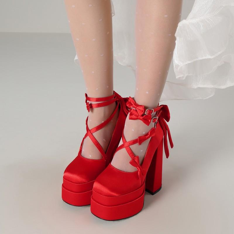 Women's Ankle Strap Buckle Mary Jane Shoes Lolita Bow Block Platform Heels Cute Closed Toe Sweet Bow Mary Jane Kawaii Chunky Pumps Pink Red Black Princess Birthday Party Wedding