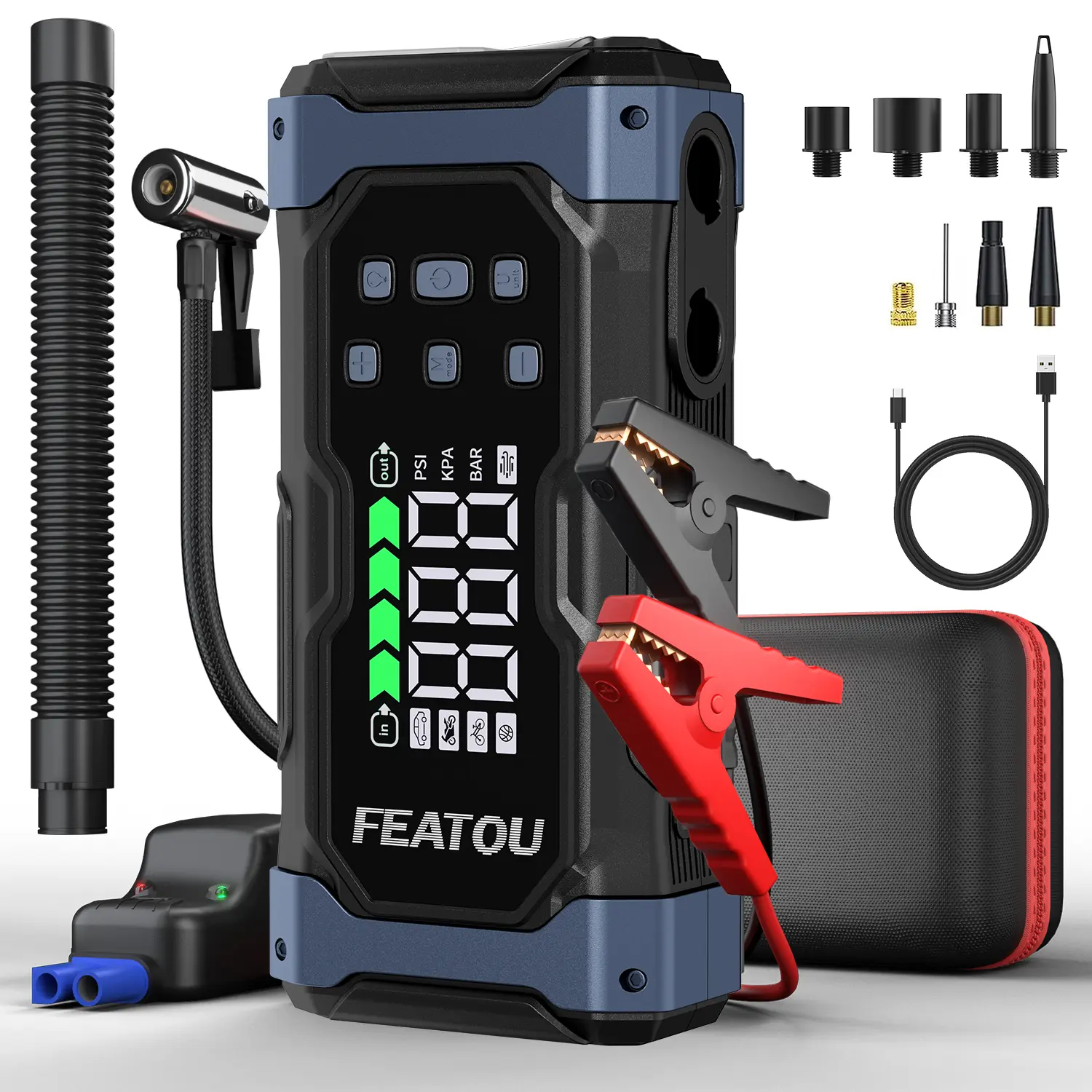 FEATOU 9000A 7-in-1 Portable Car Battery Jump Starter, Cordless Air Inflator-Deflator Compressor, 12.0L Diesel/All Gas Compatibility, Large LCD Screen Power Pack, Father's Day Gift