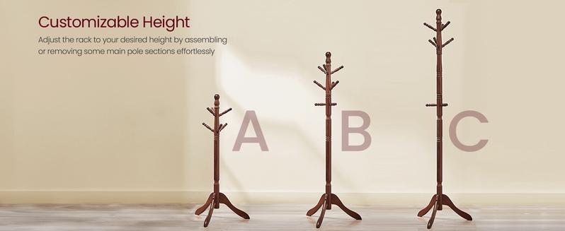 SONGMICS HOME VASAGLE Solid Wood Coat Rack and Stand, Free Standing Hall Coat Tree with 10 Hooks for Hats, Bags, Purses, for Entryway, Hallway, Rubberwood