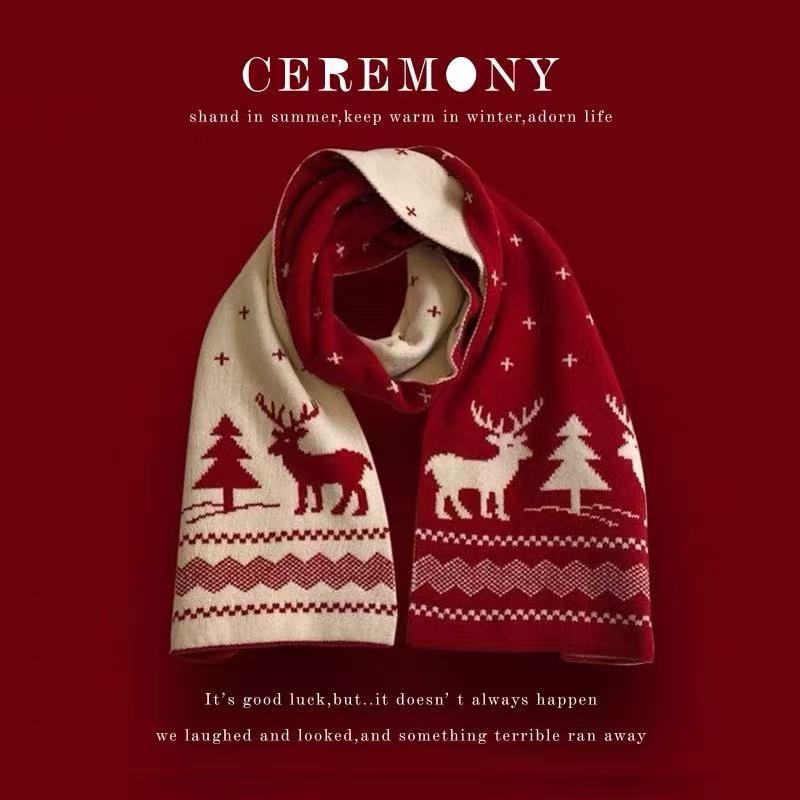 【Best Christmas Gift】Cubidupi Double-Sided 48-Fine Wool Christmas Scarf Reversible Knit with Reindeer & Snowflake Patterns for Holiday Warmth