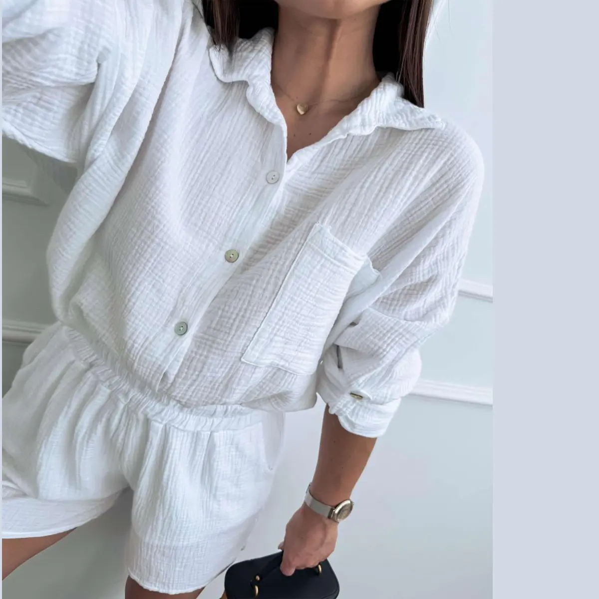 Joyfunear Women's 2-Piece Fashion Set - Comfortable and Breathable Solid Cotton Fabric, Fit Collared Button-Up Cropped Shirt, Drawstring Shorts, Chic, Fitted, Elastic, Knit, Clothes, Fashion Apparel, 100% Cotton, 3/4 Sleeve, Blouse/Shirt, Collared Neck, D