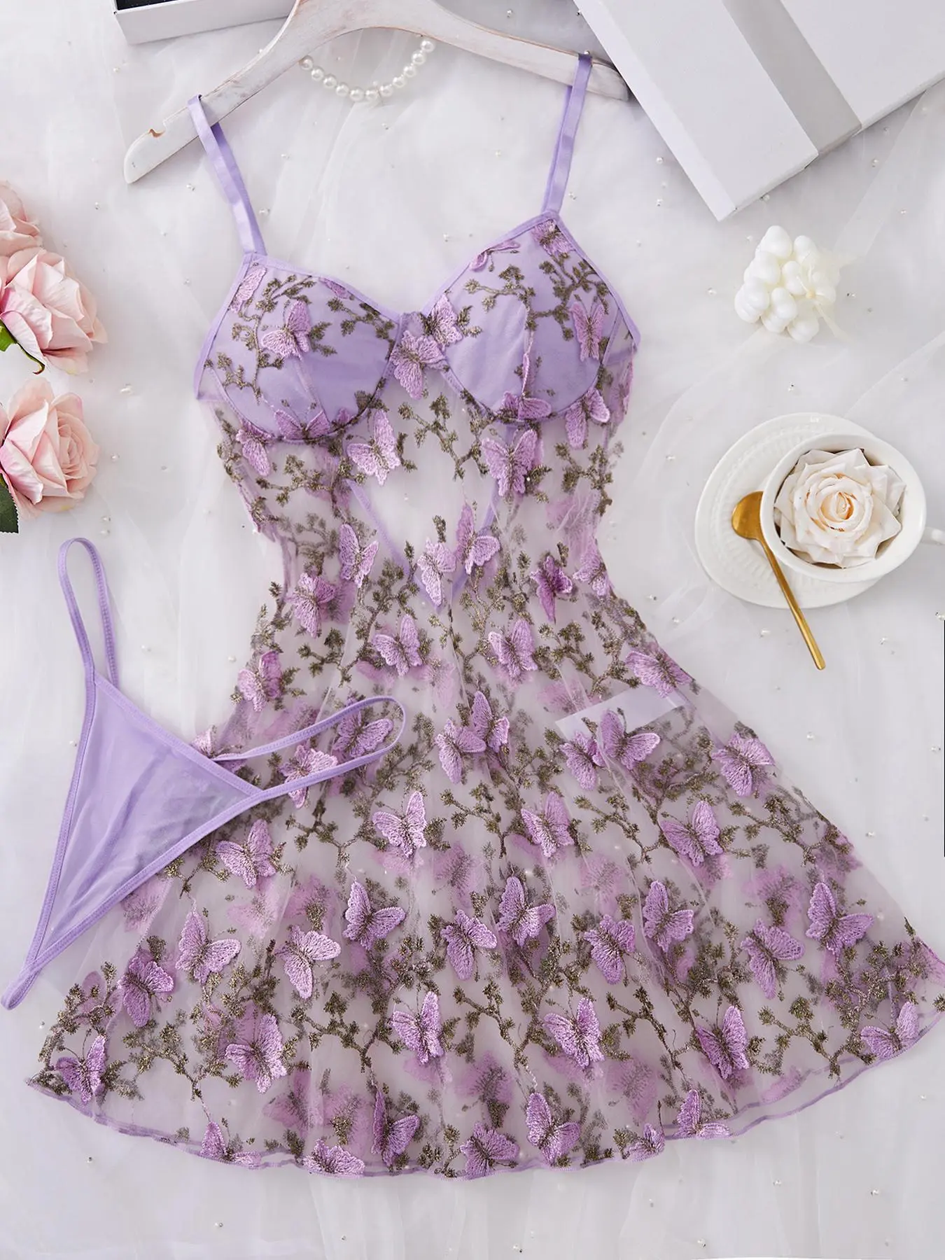 Women's Butterfly Embroidery Cami Spaghetti Strap Nightdress & Thong Sexy Feminine Lingerie Set Underwear, Comfy Breathable Fitted Elegant Nighty Dress Set, Ladies Soft Sleepwear for All Seasons, Womenswear, Chemise Nightgown