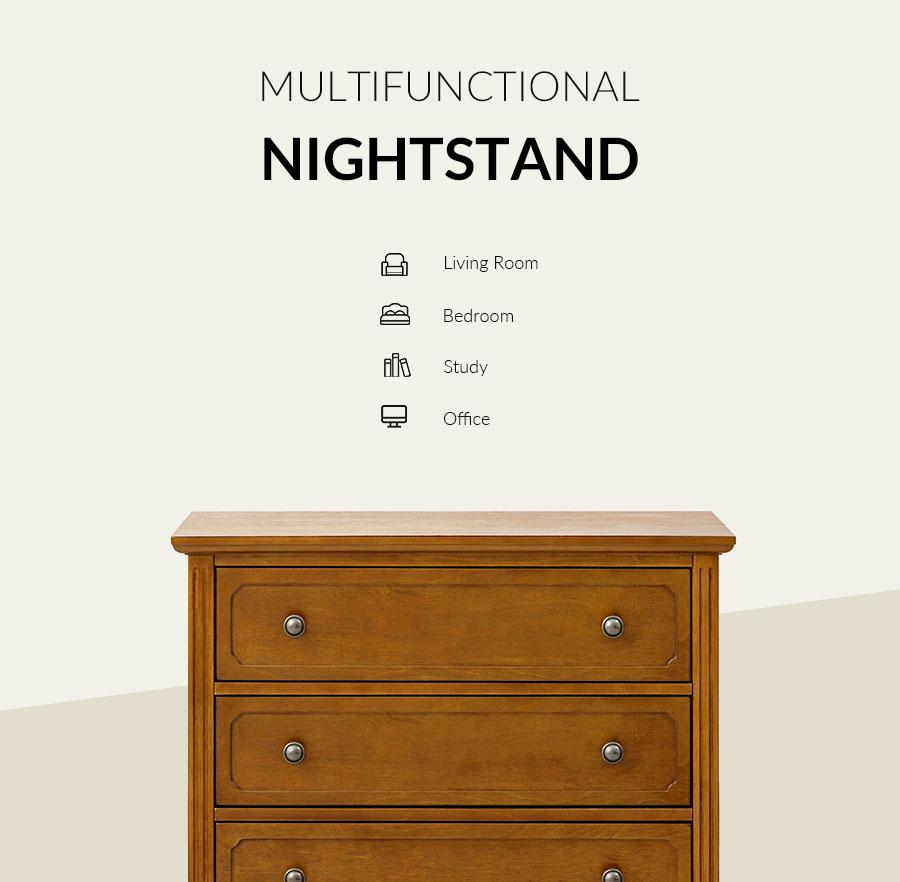 Hulala Transitional Wood End Table with Drawers and Power Outlet Optional Types for Home Decor, Integrated Power Outlet, Timeless Transitional Design, Elegant Knife-Carved Detailing, Three Spacious Drawers, Sturdy Solid Wood Legs Nightstand