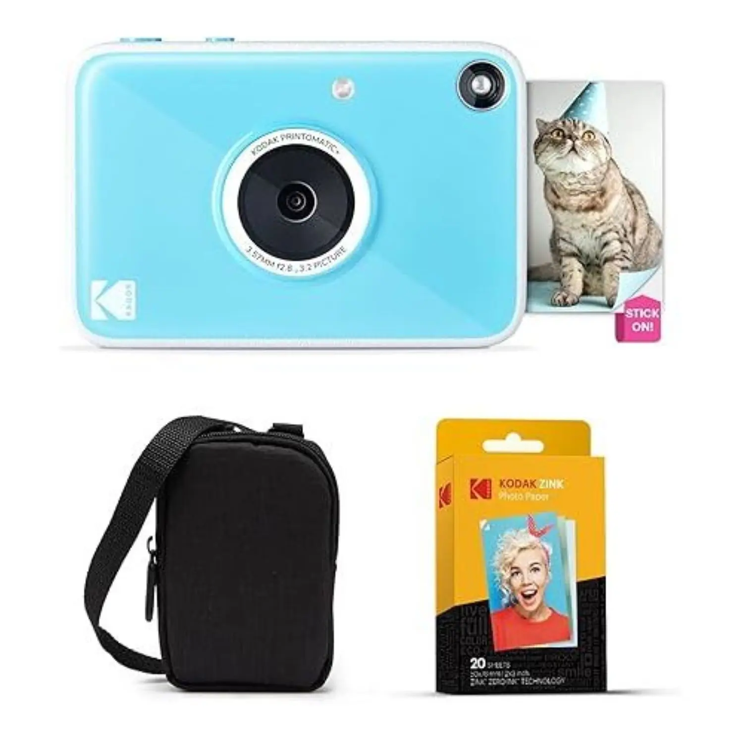KODAK Printomatic+ Instant Print Digital Camera Starter Bundle + Carrying Case + Zink 20pk Sticky-Back Photo Paper - 10MP, Full-Color Photos, RGB LED Status Indicator