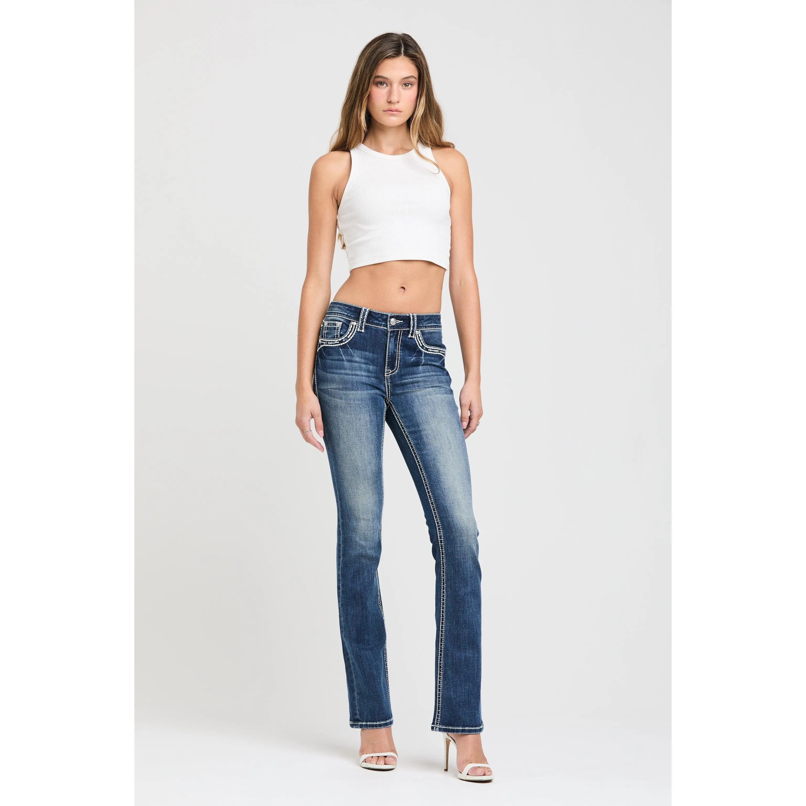 Heavy Stitch Faux Flap Bootcut Jeans Women Mid Rise Western White Leather Rhinestone Denim