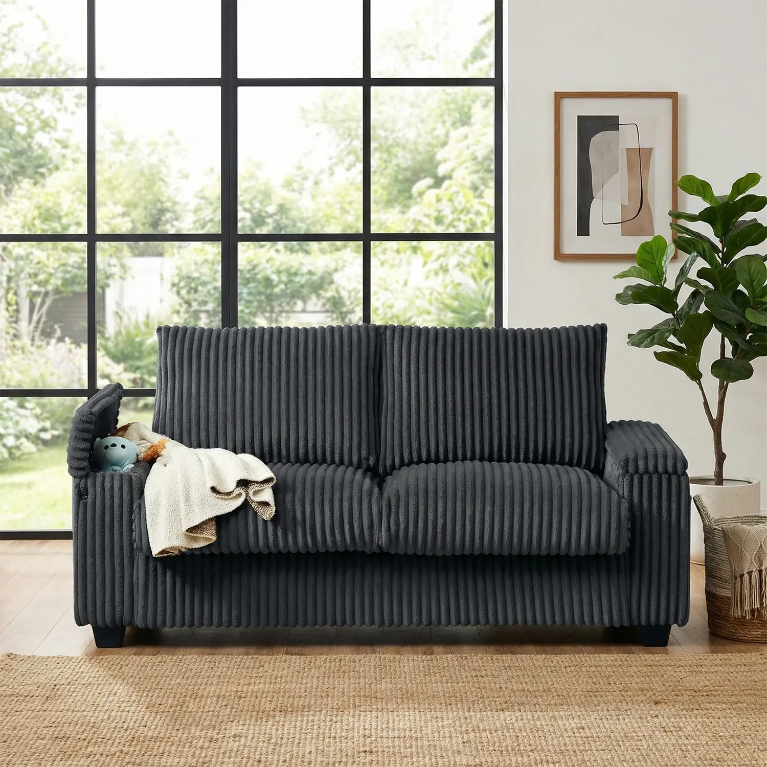 71" Plush Corduroy Sofa with Storage Armrests & USB Port, Modern 2‑Seater Couch with Side Pockets, High‑Density Foam Seating for Living Room or Apartment