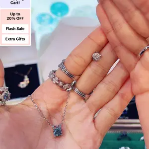 [Quick sale] 925 Silver Jewelry Sets Synthetic Moissanite floating set earrring teal blue necklace Smokey grey