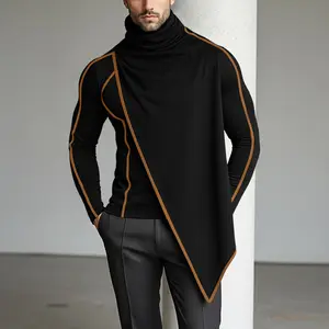 INCERUN Men's Fall/Winter Avant-Garde T-Shirt Turtleneck Asymmetric Drape Top Contrast Piping Fashion Clubwear