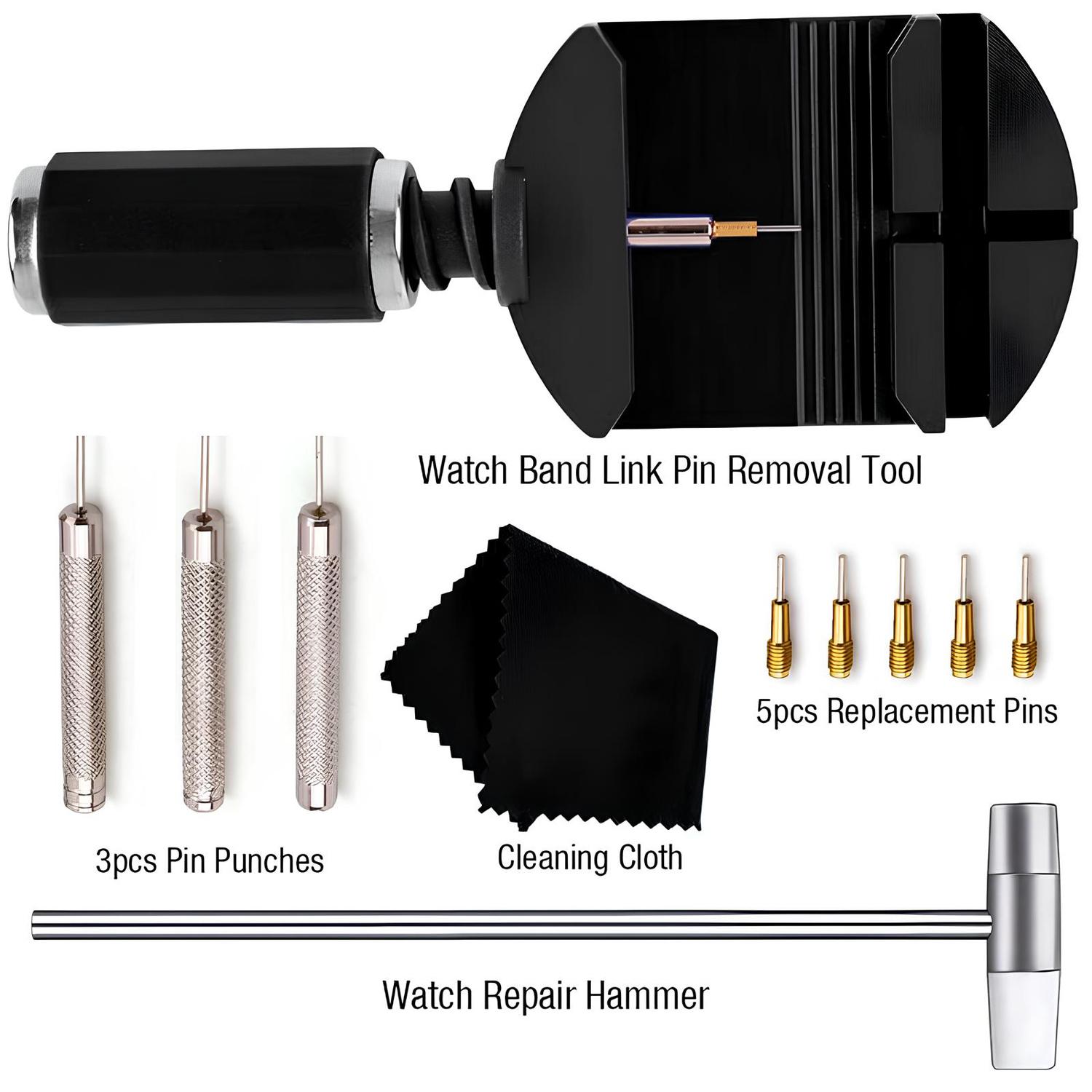 Watch Link Removal Kit, Watch Band Adjustment Sizing Tool Set with Watch Hammer, Spring Bar & Extra Pins Replacement for Watch Strap Repair