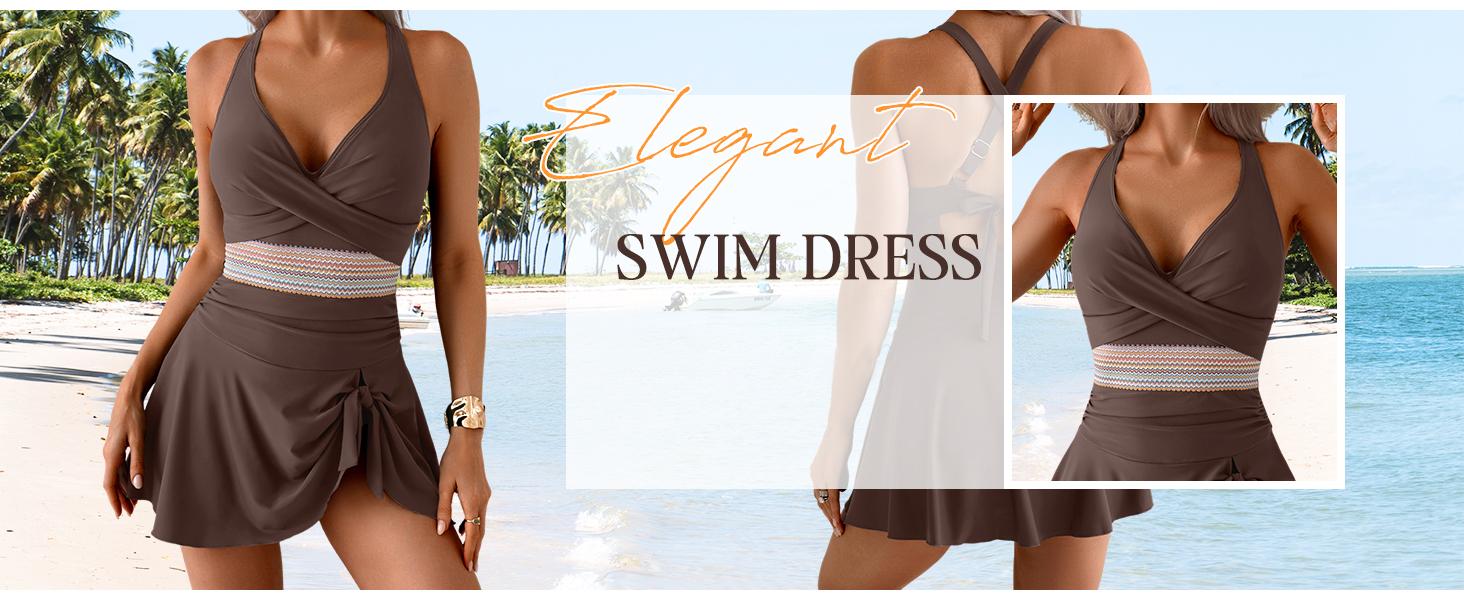 Women One Piece Swimsuit V Neck Swimdress Color Block Bathing Suit Skirt Tummy Control Tie Back Swim Dress Women One Piece Swimsuit V Neck Swimdress Color Block Bathing Suit Skirt Tummy Control Tie Back Swim Dress