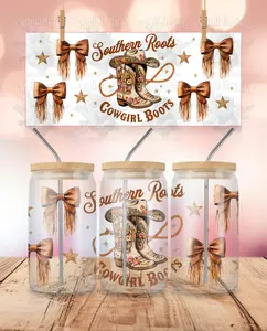 Western - Southern Roots Cowgirl Boots UVDTF Sticker Wrap For 16 oz Libbey Glass Cup