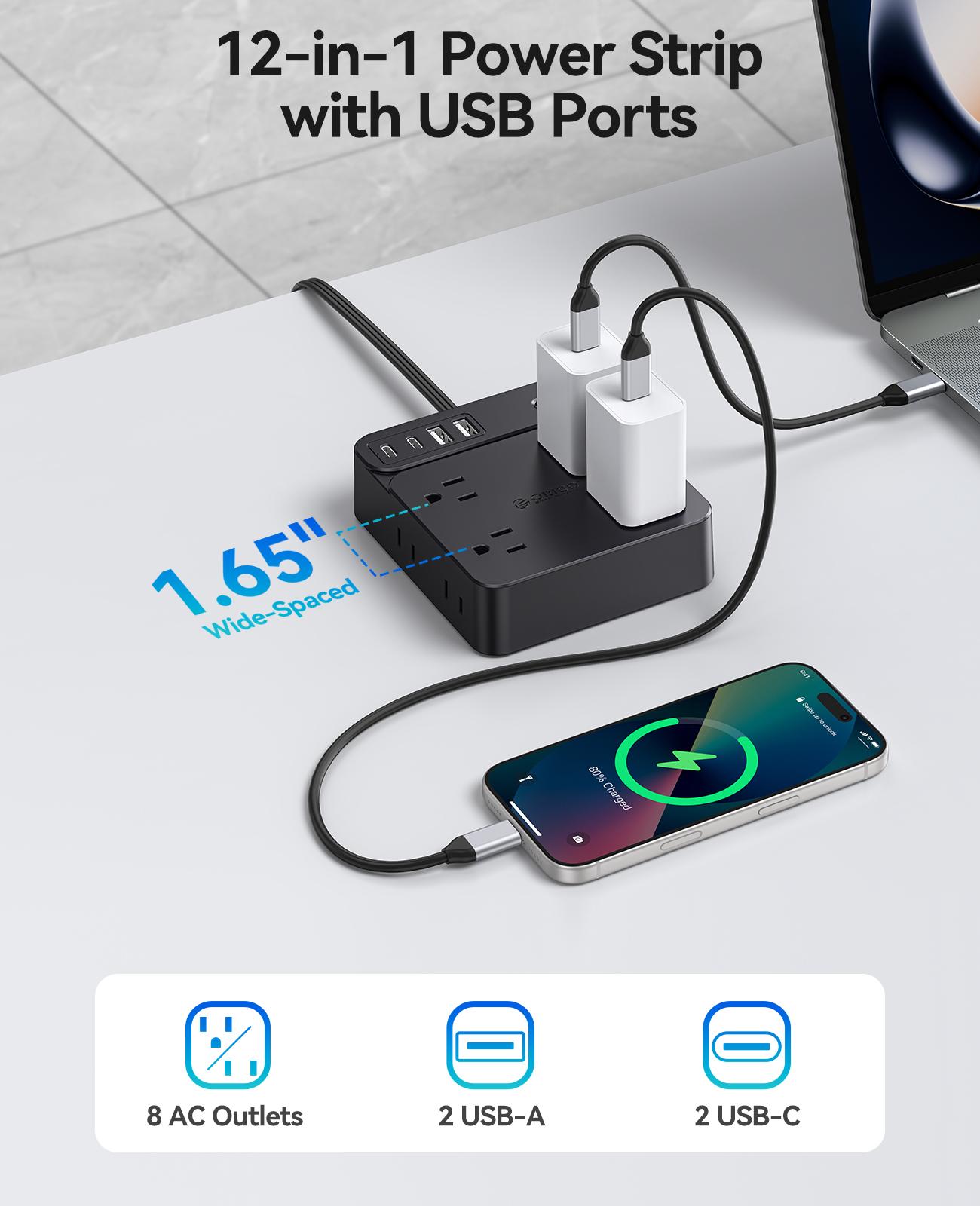Surge Protector Power Strip, Outlet Extender with 8 Outlets 4 USB Ports (2 USB C), Overload Protection, Long Extension Cord with Multiple Outlets for Indoor, Home, Office-SP1