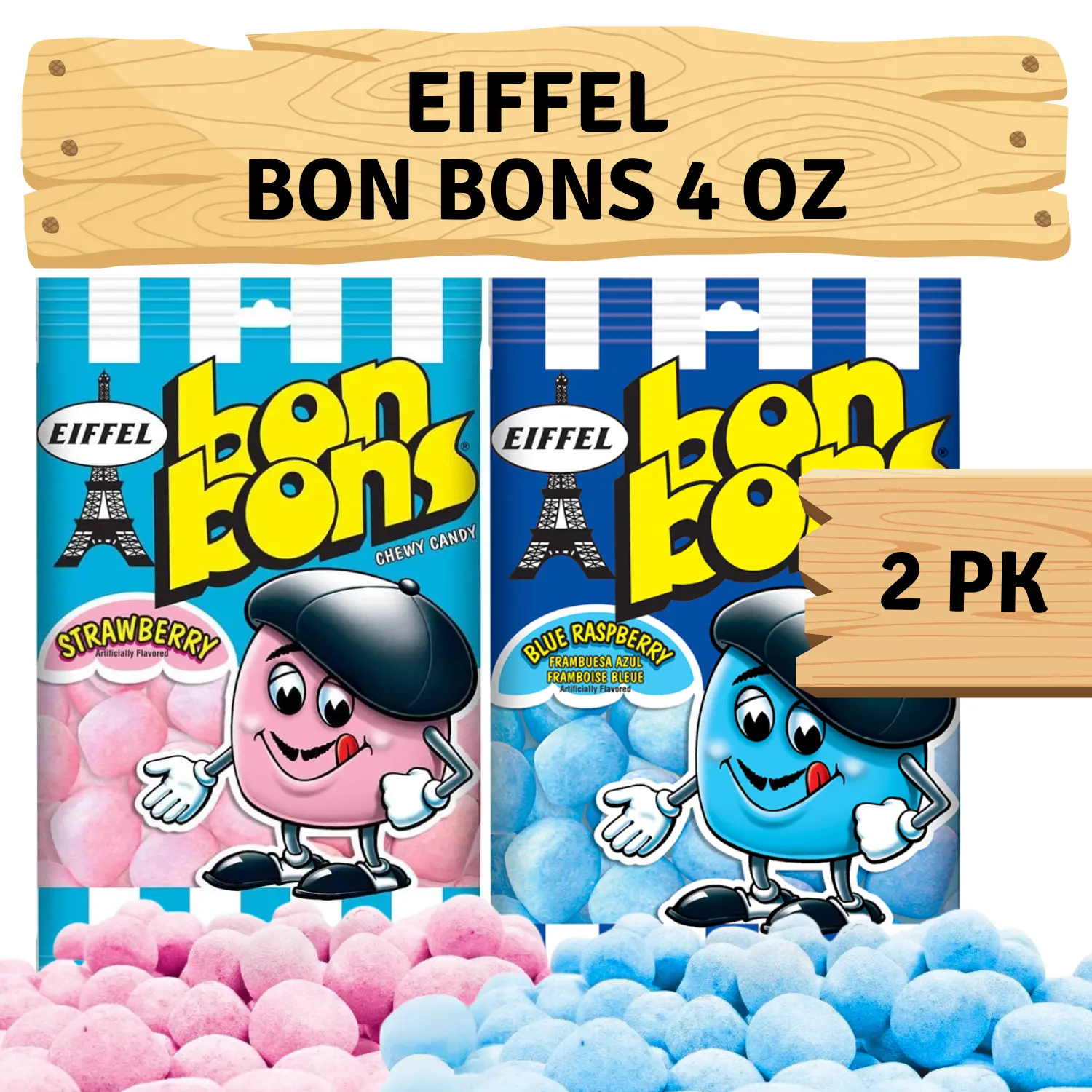 Eiffel Bon Bons Variety 2 Pack - Strawberry & Blue Raspberry - 4 oz bags bundle with 2 Airmont Stickers - French Candy Snack - Enjoyed by All for Over 20 years