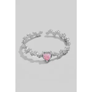 Heart And Metallic Flowers Open Band Ring (Silver)