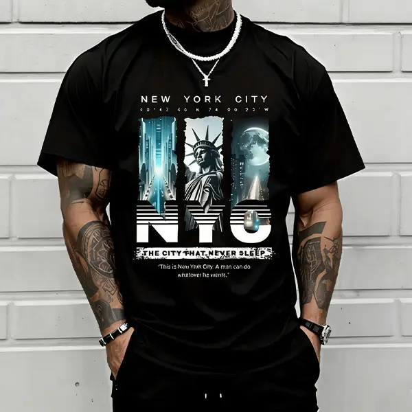 Men’s NYC "Eternal City" printed T-shirt, New York street-style short sleeve, Statue of Liberty themed casual top. tiktokshopspringglowup