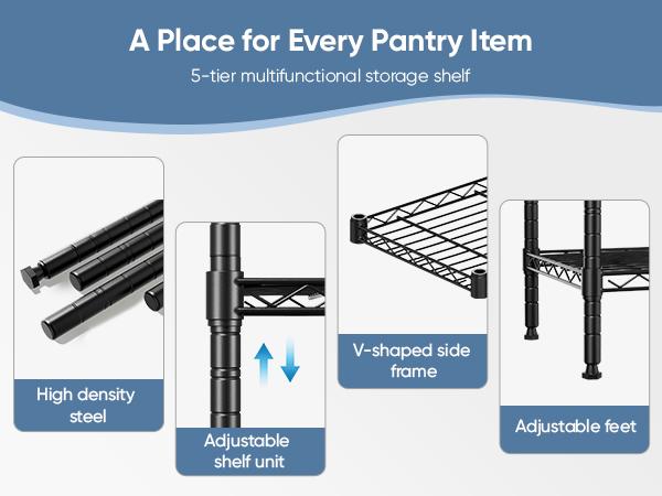 5 Tier Heavy-Duty Adjustable Wire Shelving Unit with Casters Ideal for garages, kitchens, pantries, laundry rooms, and office storage Easy assembly Dimensions: 23“W × 13”D × 60"H Black