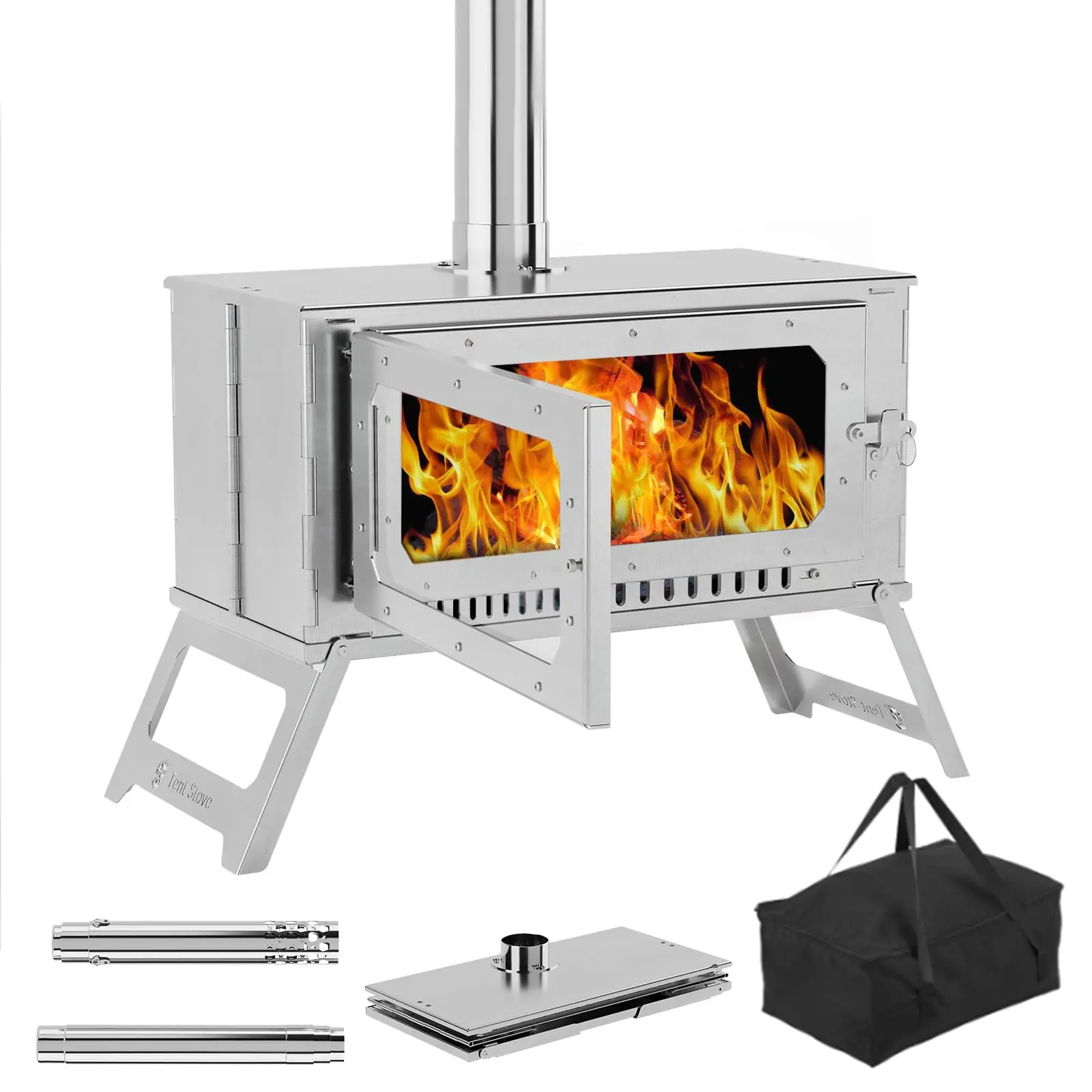 Gaomon Stainless Steel Wood-Burning Camping Stove - Compact, Foldable Portable Design with Foldable Firebox, Pipes, View Glass, Carry Bag, Precision Airflow, Weather Protection, Ultra-Slim Packdown, Long-Lasting Heat - Outdoor Cooking Solution