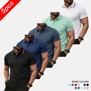 5-pack Men’s Plus Size Slim Fit Polo Shirt with Contrasting Stripes, Designed for Slightly Curvy Men to Conceal Bulges and Look Slimmer, Suitable for Business Casual Wear