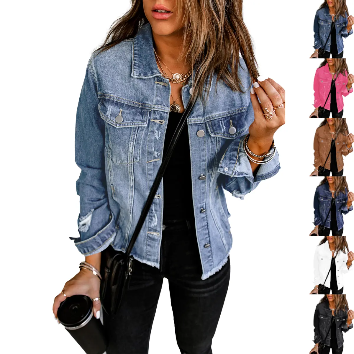 NECOOER Women's Fitted Collared Lapel Cropped Cotton Denim Jacket - Distressed Washed Boyfriend Style, Ripped Frayed Raw Hem, Button Front Long Sleeves, Chest Pockets, Comfortable Fall Layering Top for College, Everyday Wear