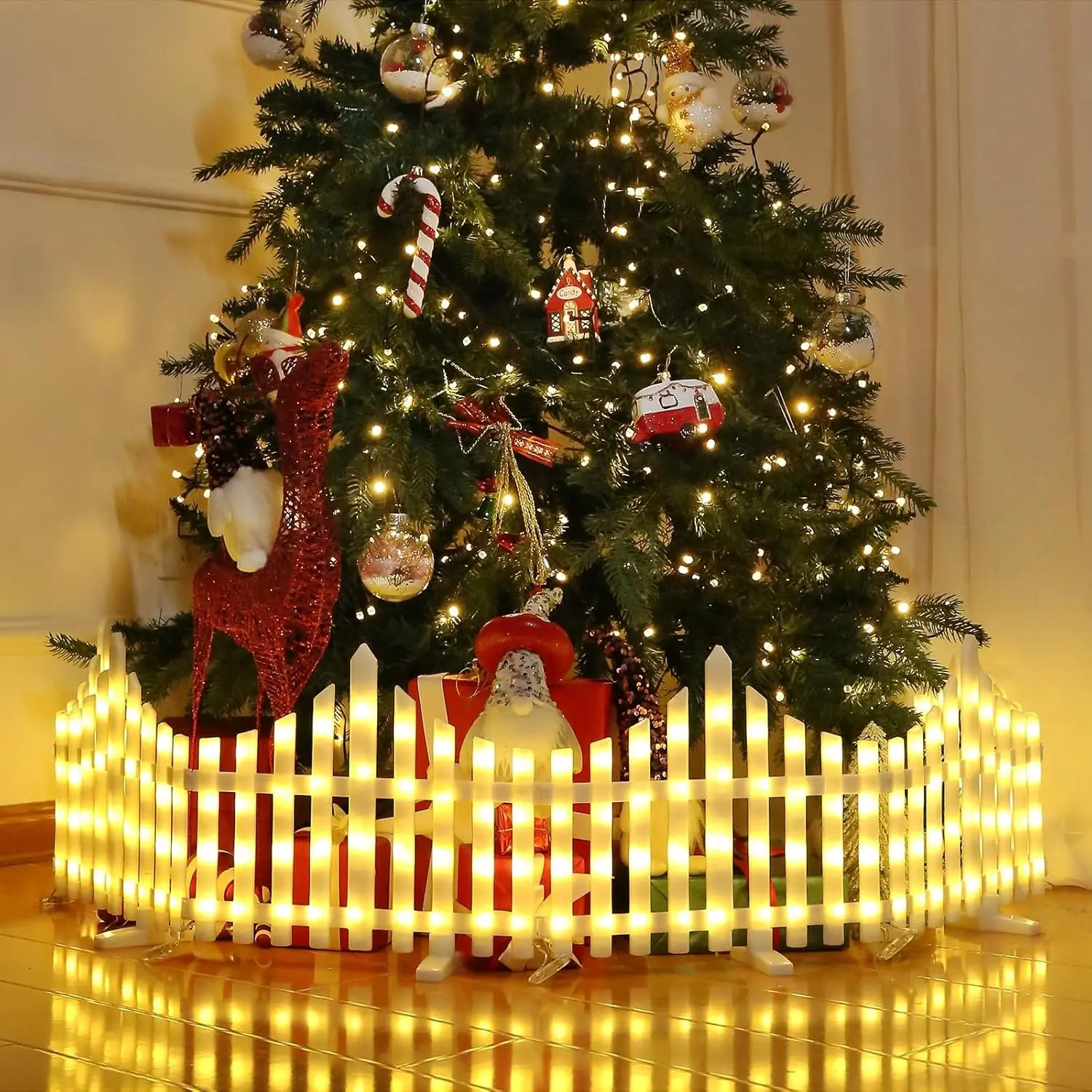 8 Pcs Garden Fence Solar LED Christmas Tree Fence Lighted Outdoor Decorations 288 Super Bright Warm White Lights 8 Lighting Modes Waterproof IP44 for Garden Path Patio Lawn Backyard Landscaping Ornaments christmas lights outdoor