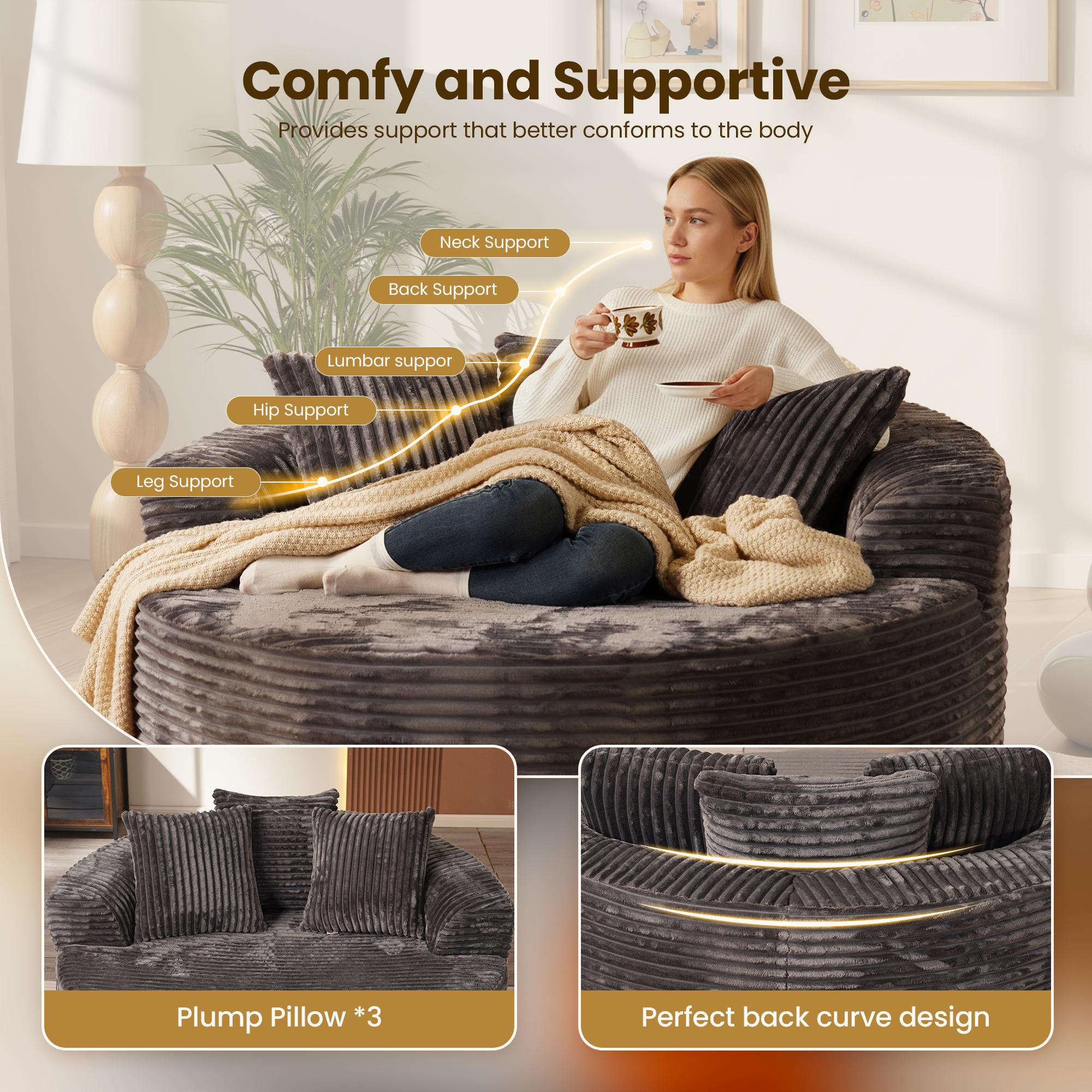 【Black Friday & Cyber Monday Deal】OOSWIFT 59" W Corduroy Single Foam Sofa, Oversized Round Chair with Pillows, Modern Sleeper for Living Rooms, Lounges, Nurseries and Projection Rooms, Wide-Arm Lounge Chair Armchair