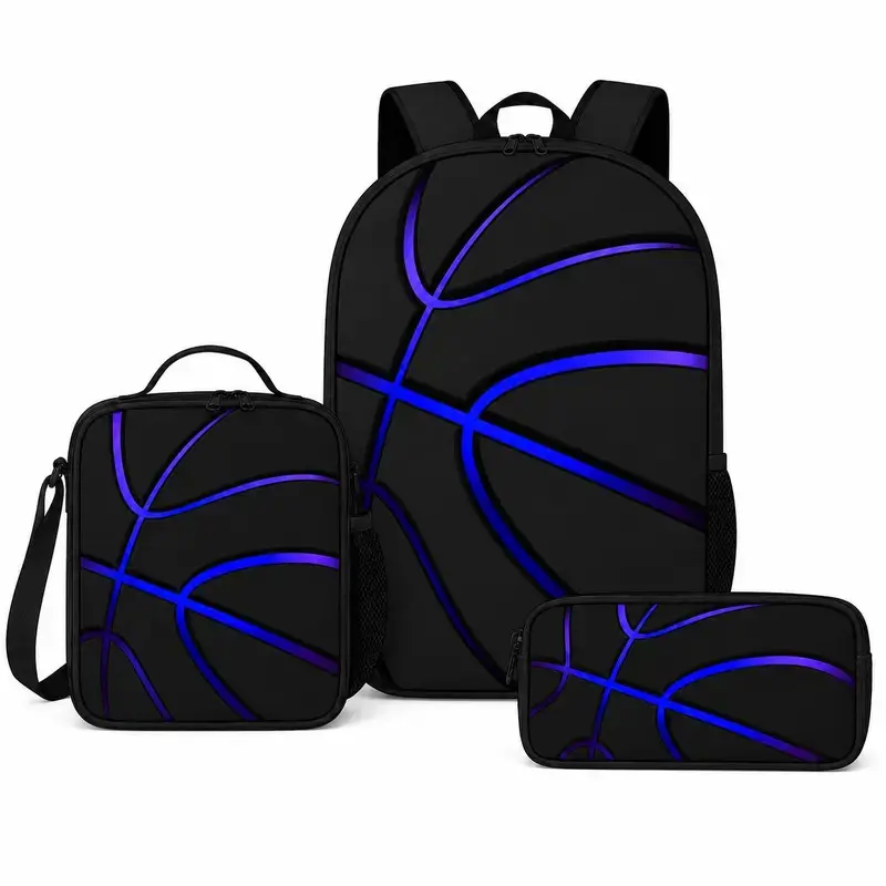 Youth Basketball Pattern Blue 3-Piece Sports Backpack Combo Pack - Backpack, Lunch Bag, Pencil Case Set for School/Gym, Outdoor Sports Equipment Use