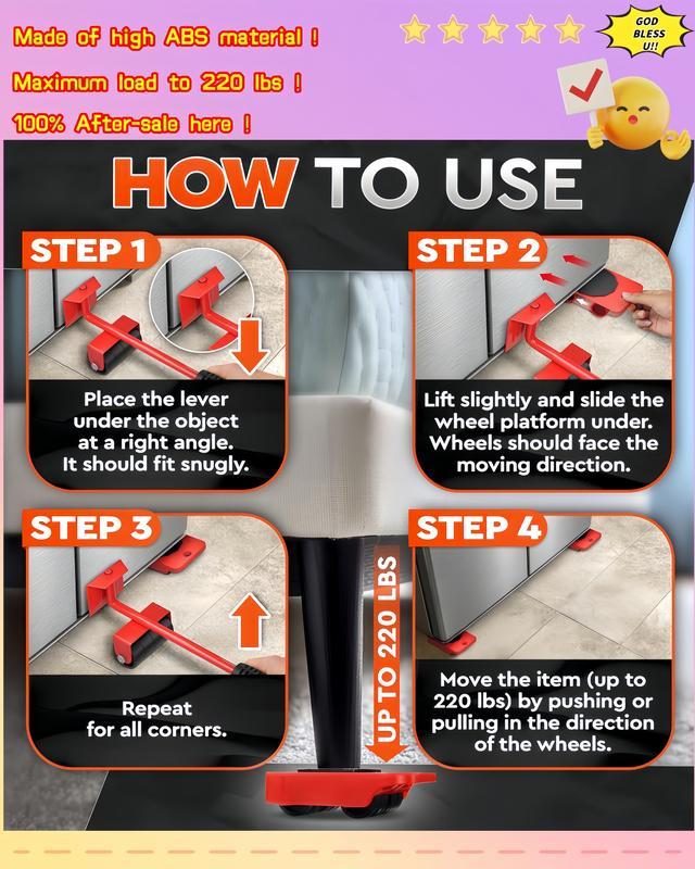 Heavy Duty Furniture Lifter with 4 Sliders for Easy Moving Adjustable Height Load Capacity 600lbs Per Wheel Red & Yellow Ideal for Couches Beds stick flooring rotation