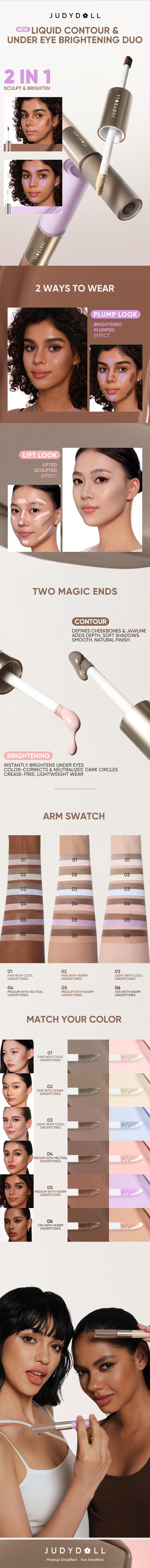 JUDYDOLL Liquid Highlighter & Contour Duo, Liquid Contour & Under Eye Brightening Duo, Bronze, Buildable, Ultra-Blendable, Dual-Ended Highlighter & Contour Liquid, Makeup, Cosmetic, Long-Lasting, Valentines Day Gift, New Year, Merry Gift